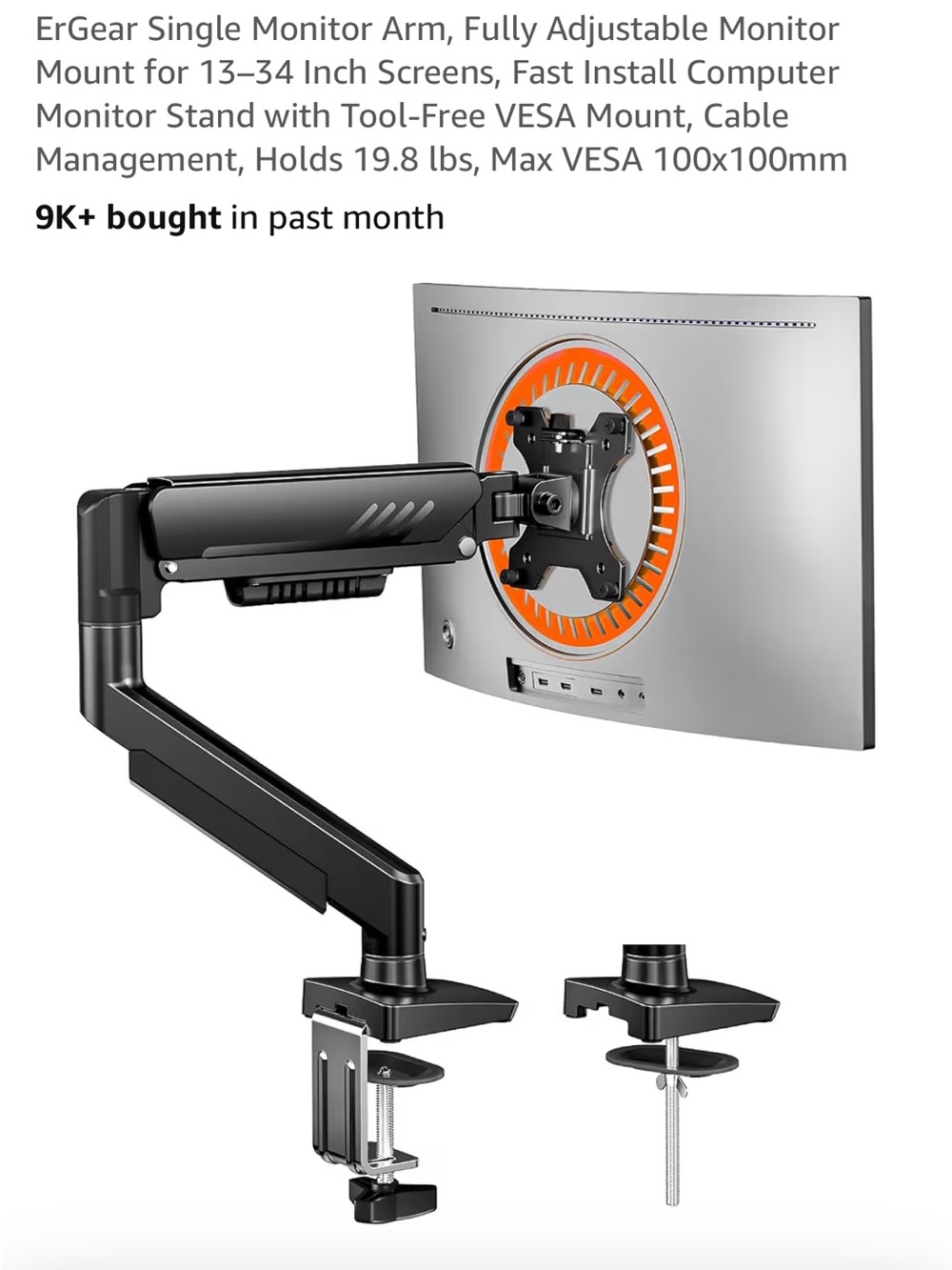 NEW IN BOX Adjustable Single Monitor Arm - Black